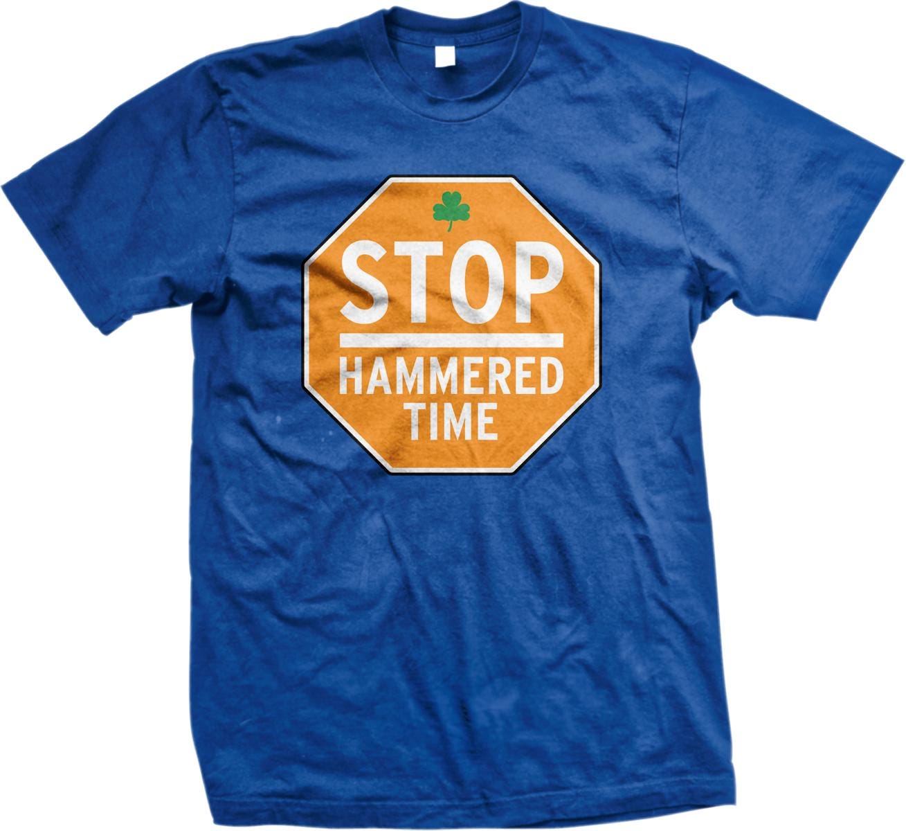 A blue t-shirt with a stop sign graphic and the text "HammerED TIME" printed on it.