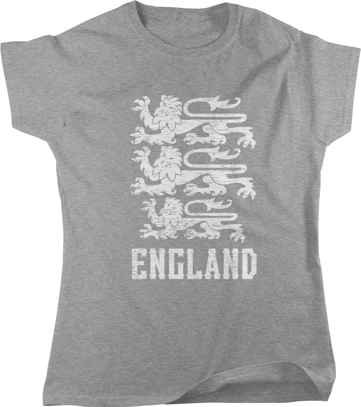 A gray t-shirt with a white graphic design depicting a group of lions, representing the United Kingdom, and the word "ENGLAND" printed below.