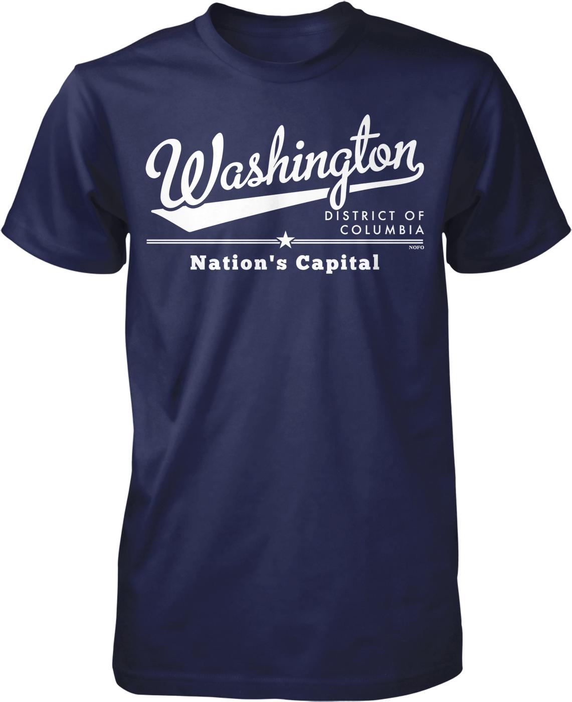 A navy blue t-shirt with white text and graphics printed on it.