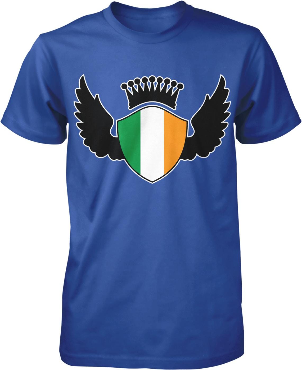 A blue t-shirt with a graphic design featuring a shield with a crown and wings, representing the Irish flag.