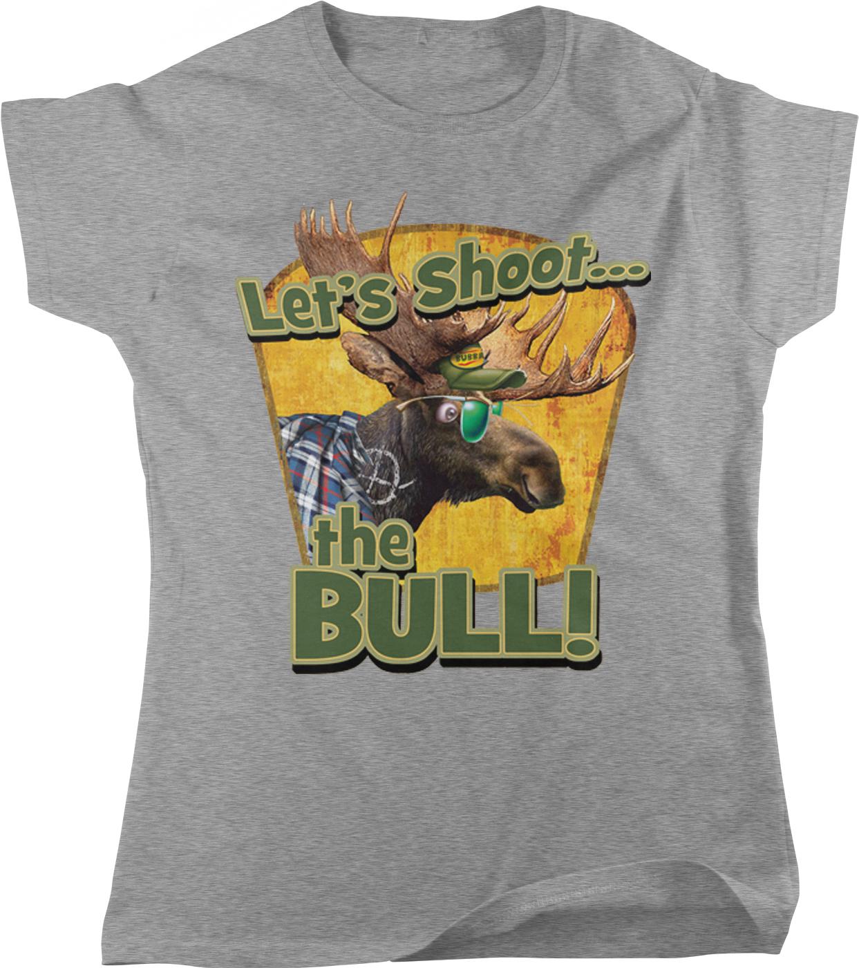 A gray t-shirt with a graphic design featuring a moose wearing sunglasses and the text "Let's Shoot... the Bull!"