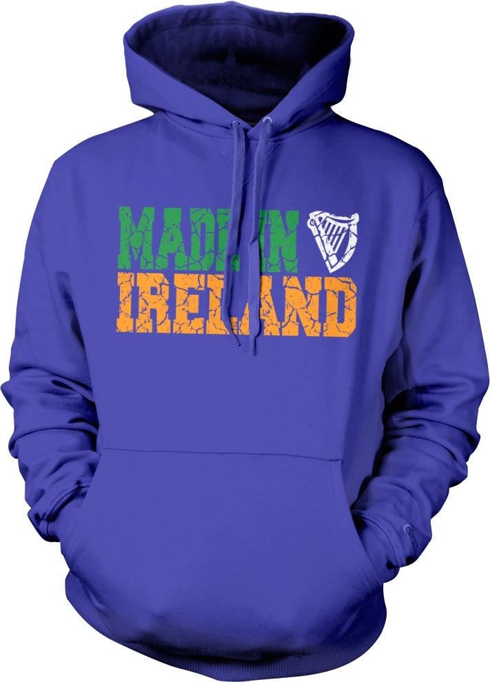 A purple hoodie with the text "MADE IN IRELAND" printed on it.