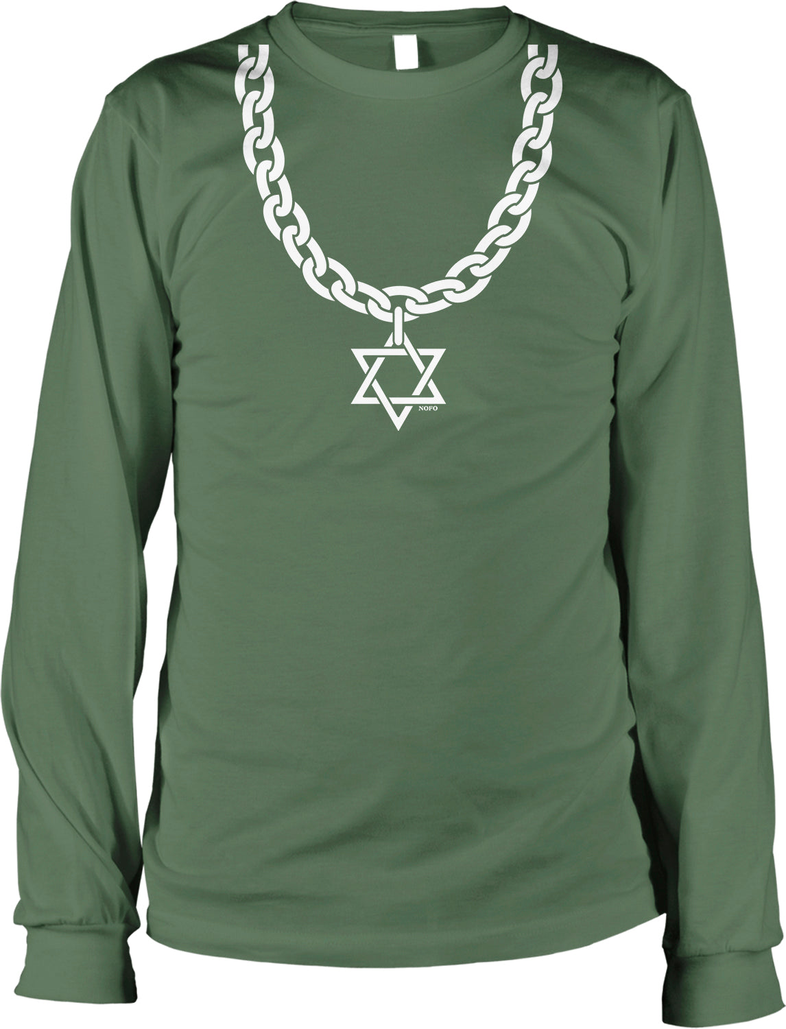 A green long-sleeved shirt with a white Star of David pendant on the front.
