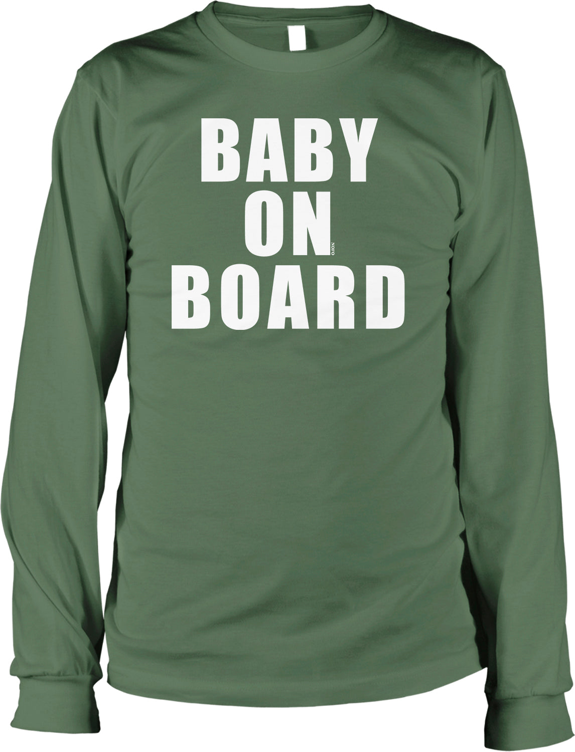 A green long-sleeved shirt with the text "BABY ON BOARD" printed on it in white letters.
