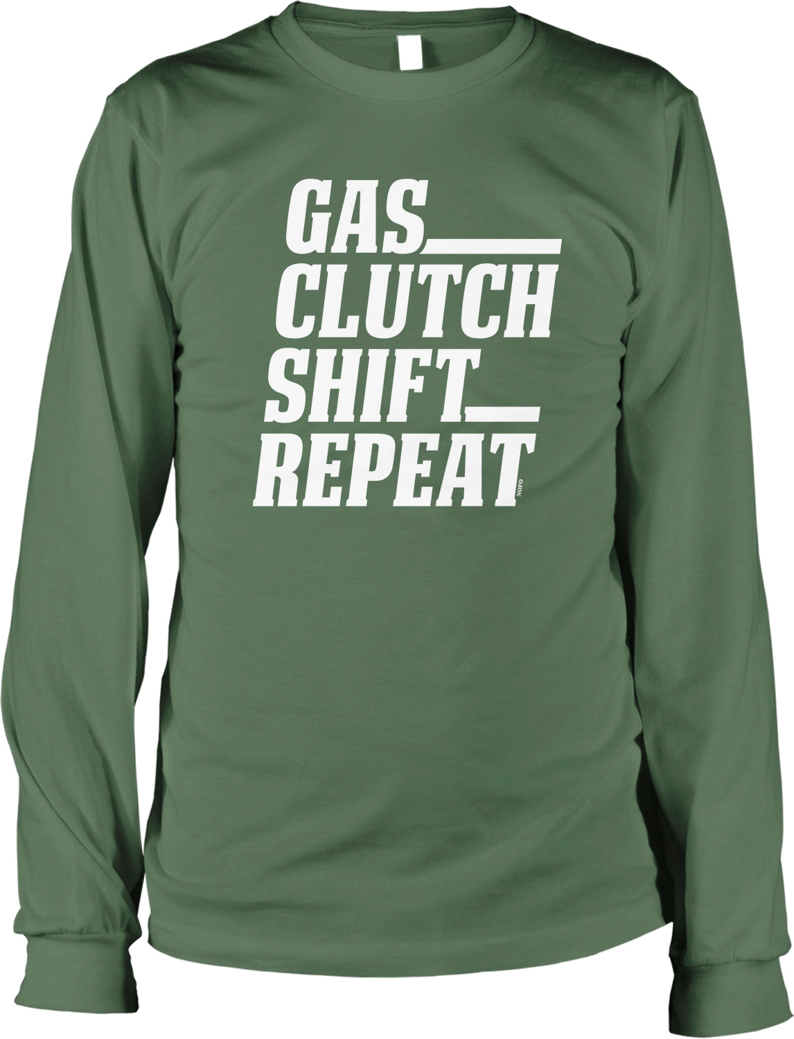 A green long-sleeved t-shirt with white text printed on it.