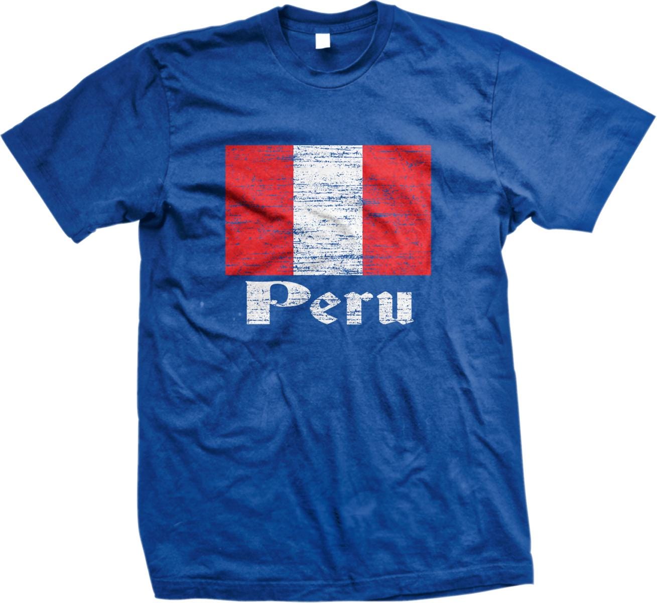 A blue t-shirt with a graphic of the Peruvian flag and the word "Peru" printed on it.