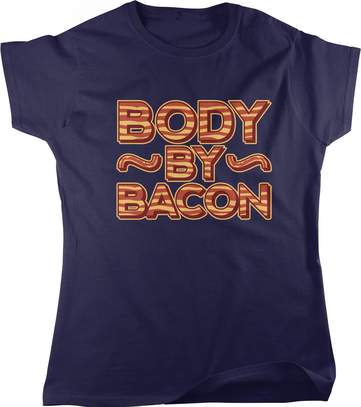 A dark blue t-shirt with the text "BODY BY BACON" printed on it in a bold, stylized font.