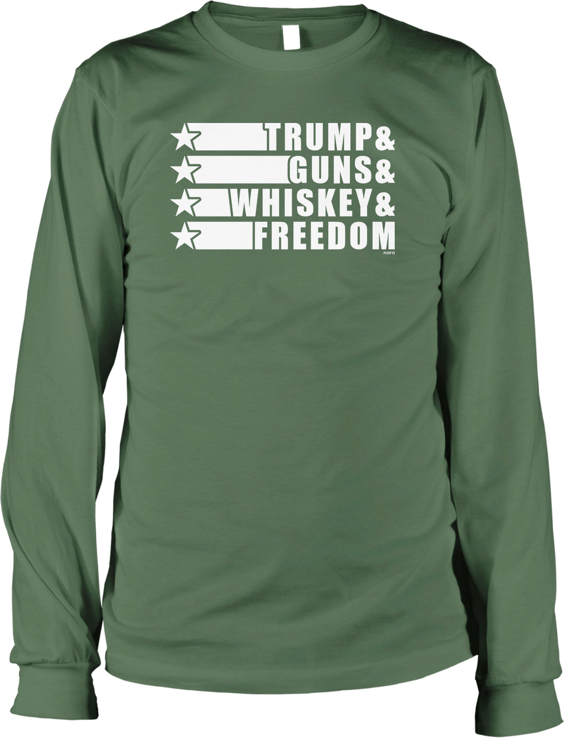 A green long-sleeved t-shirt with the text "TRUMP & GUNS & WHISKEY & FREEDOM" printed on it in white.