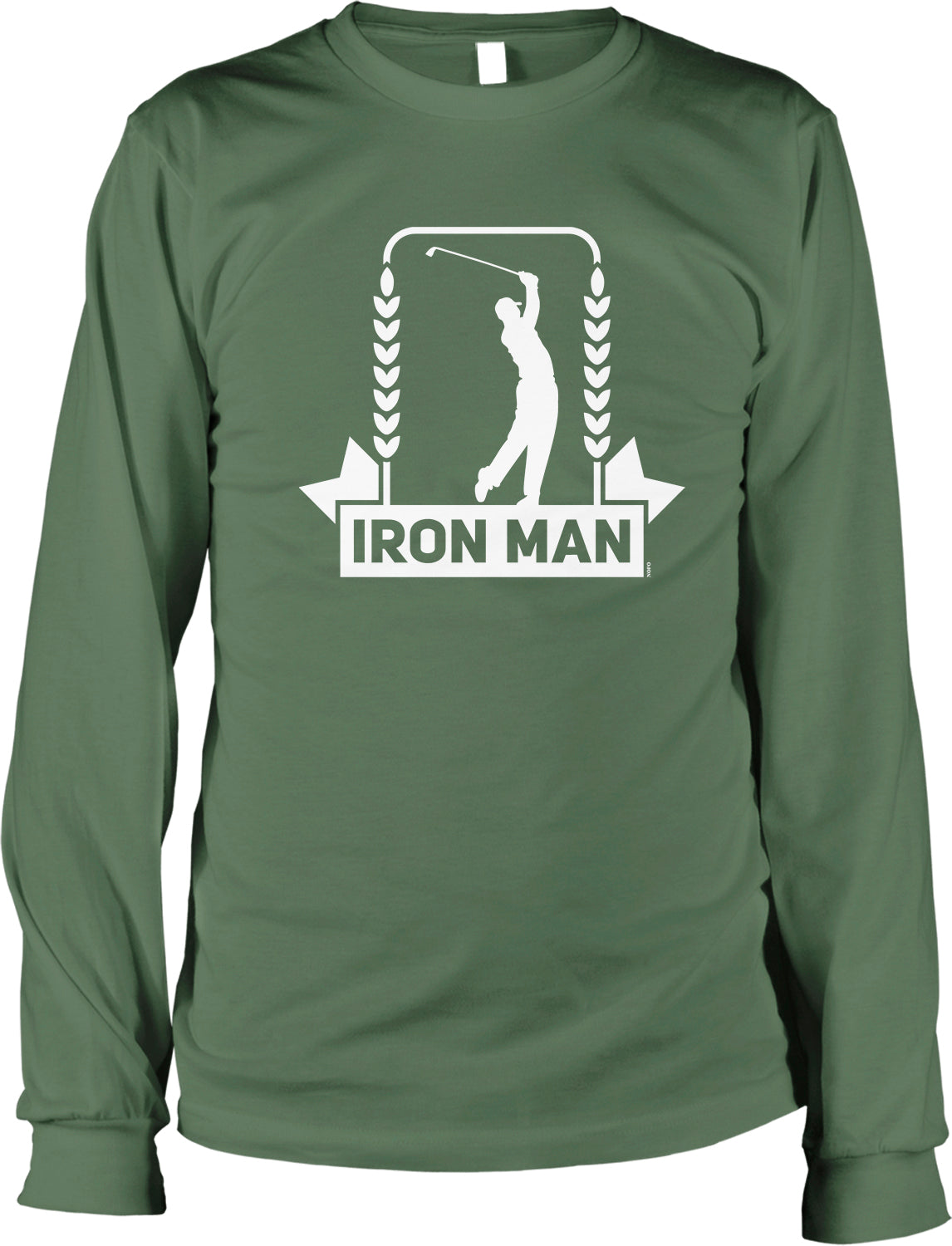 A green long-sleeved t-shirt with a white graphic design featuring a golfer swinging a club and the text "IRON MAN" below.