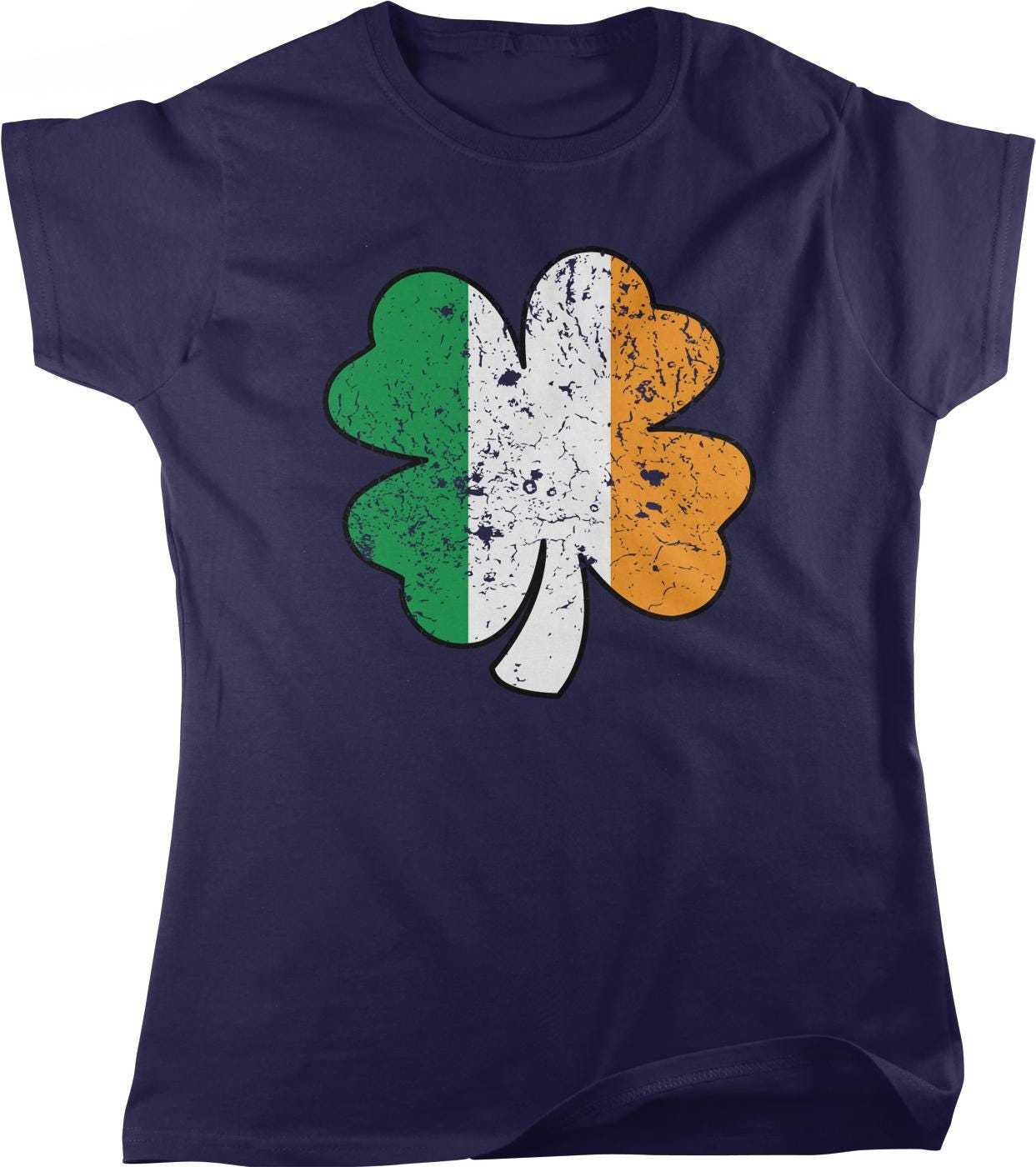 A navy blue t-shirt with a graphic design of a four-leaf clover in the colors of the Irish flag.