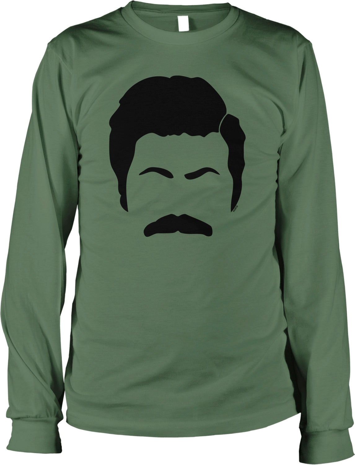 A green long-sleeved t-shirt with a black graphic of a man's face and mustache printed on it.