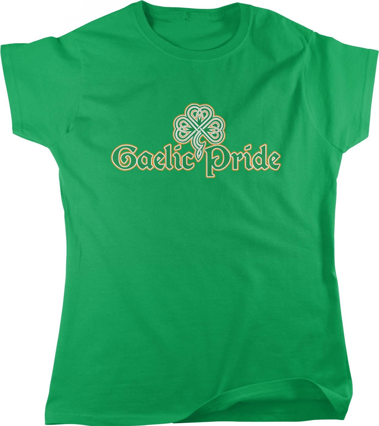 A bright green t-shirt with the text "Gaelic Pride" printed on it.