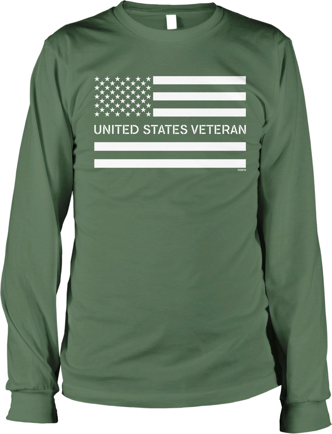 A long-sleeved green t-shirt with a white graphic of the United States flag and the text "UNITED STATES VETERAN" printed on it.