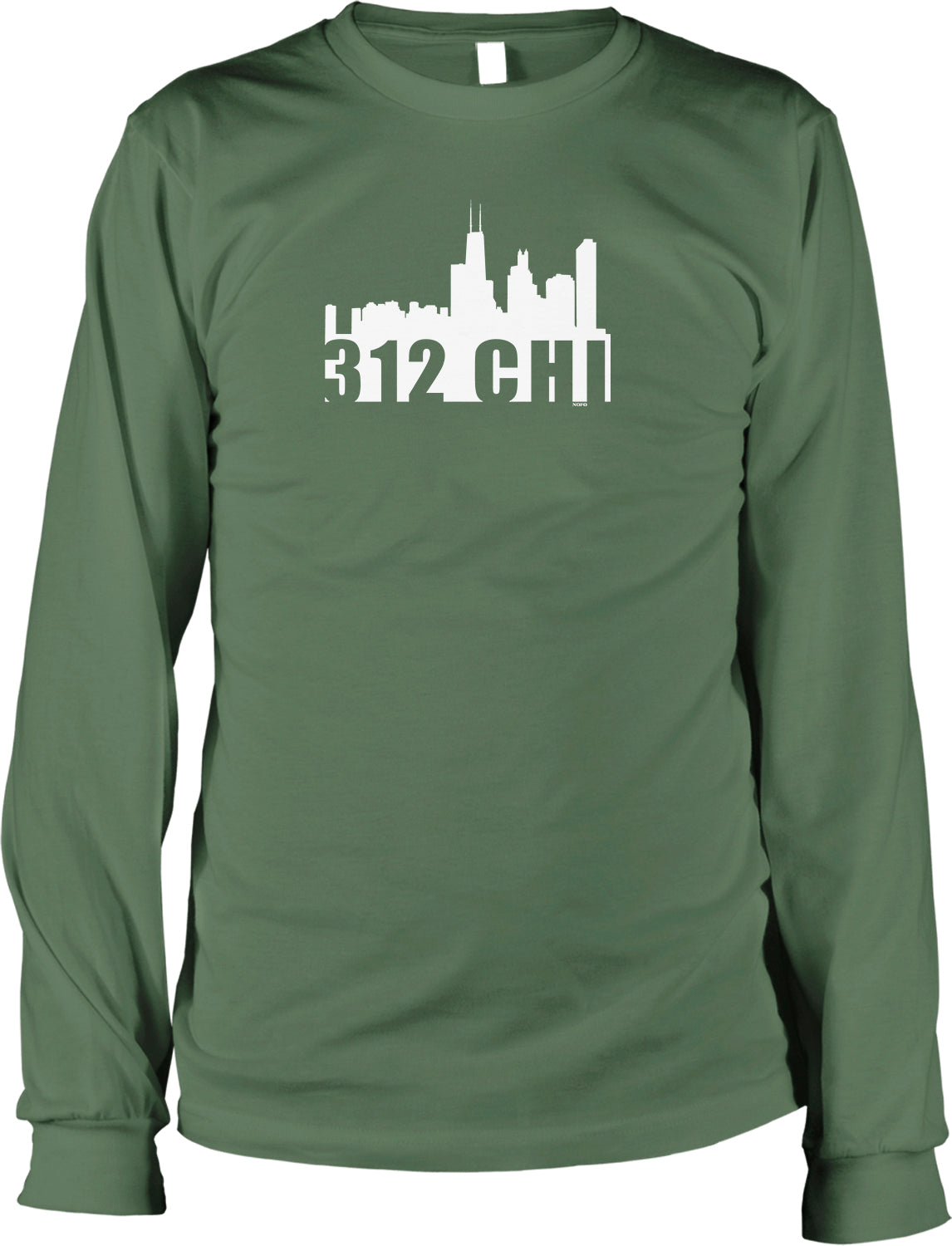 A green long-sleeved t-shirt with a white graphic design depicting a city skyline and the text "312 CHI" printed on it.
