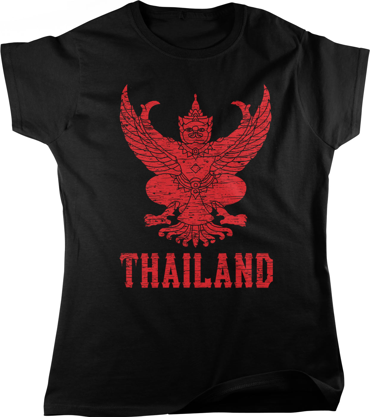 A black t-shirt with a red graphic design depicting a mythical creature with wings and a crown, along with the word "THAILAND" written below.