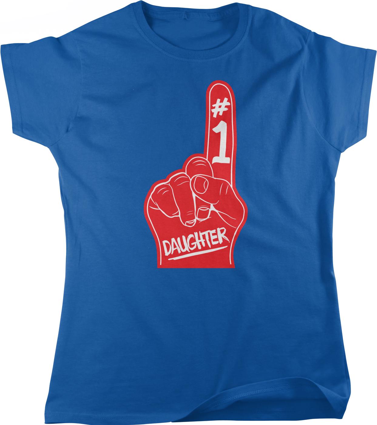 A blue t-shirt with a red foam finger graphic and the text "Daughter" printed on it.