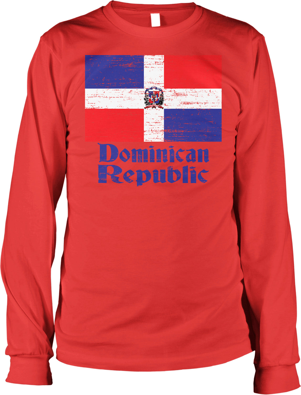 A red long-sleeved shirt with the text "Domestic Republic" printed on it, along with a graphic of the Dominican Republic flag.