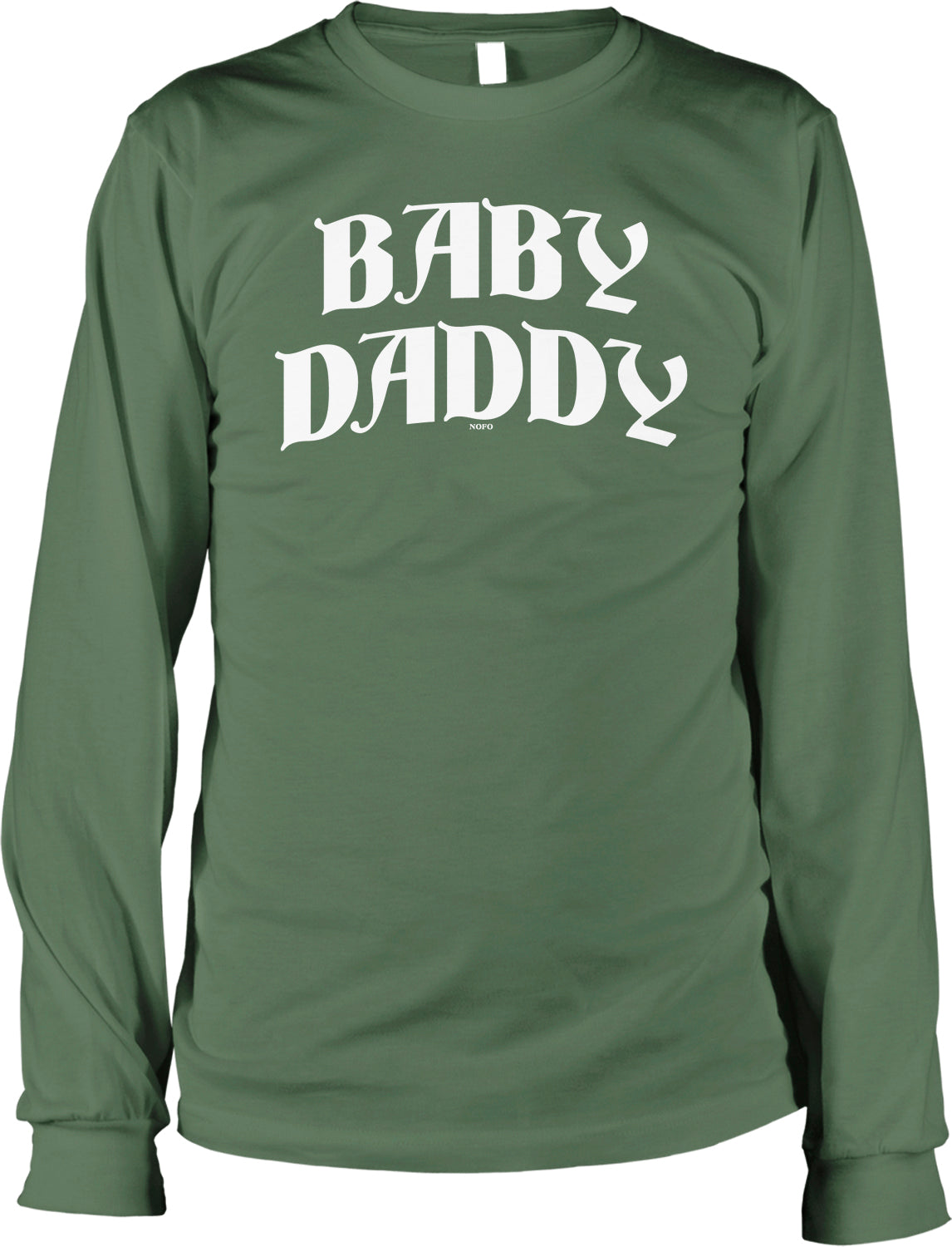 A long-sleeved green t-shirt with the text "BABY DADDY" printed on it in white lettering.