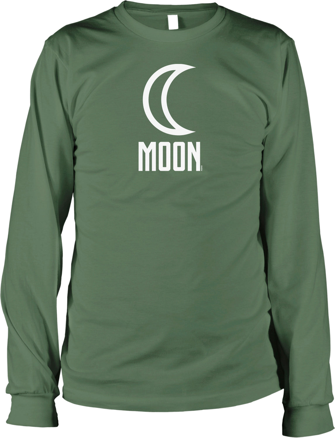 A long-sleeved green t-shirt with a white graphic design on the front.
