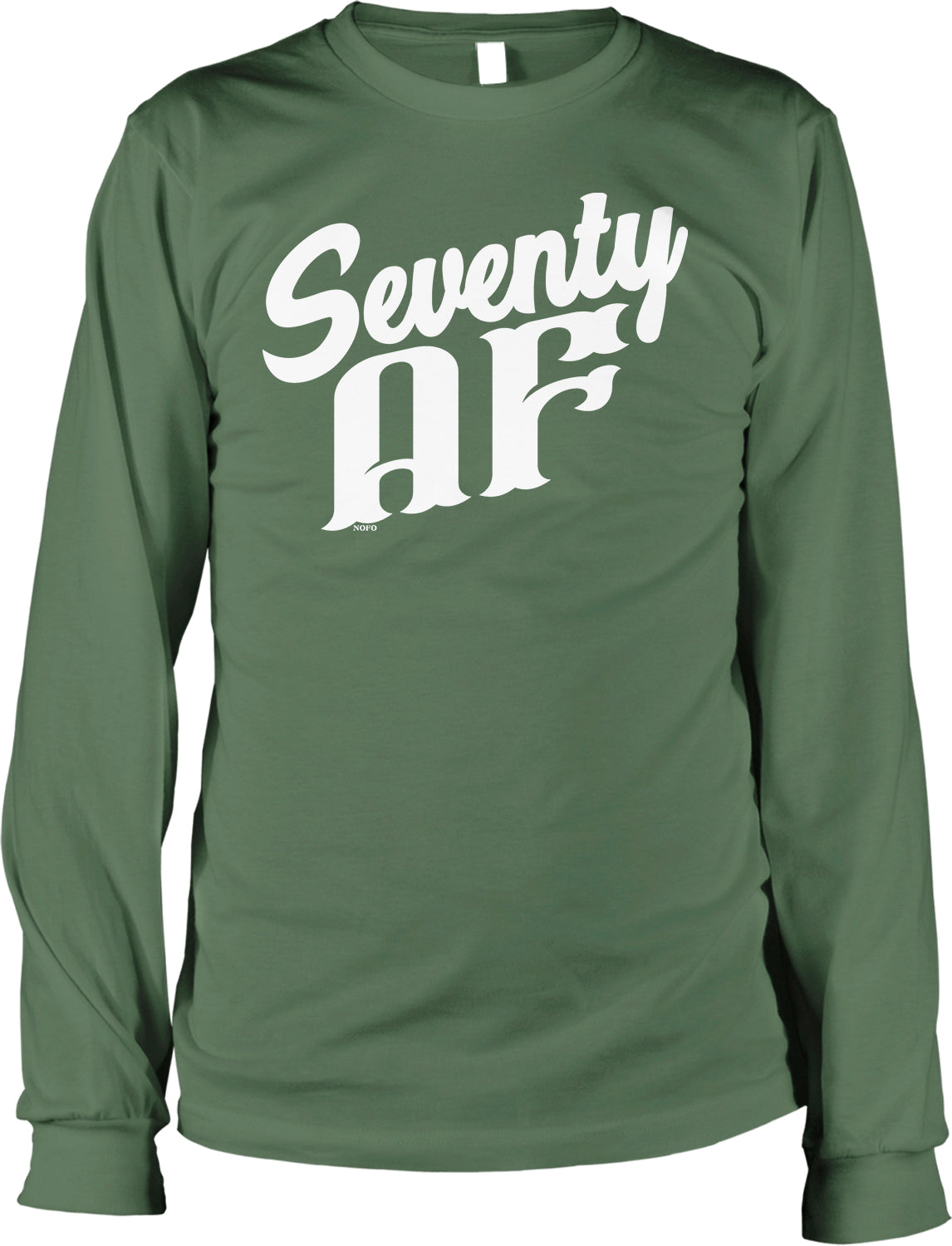 A green long-sleeved t-shirt with the text "Seventy AF" printed on it in white lettering.