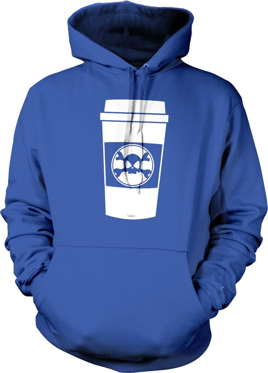 A blue hoodie with a white coffee cup graphic printed on it.