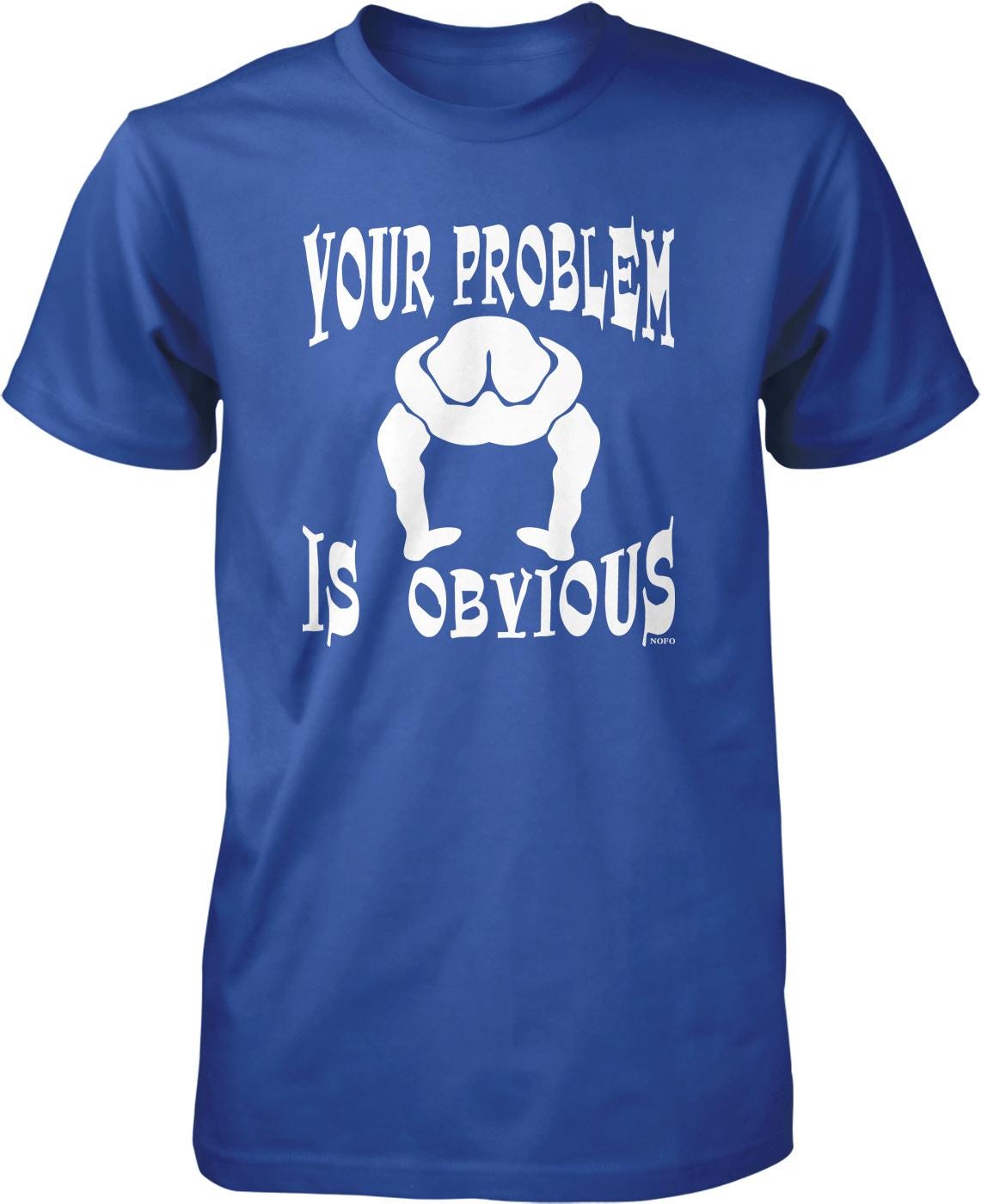 A blue t-shirt with the text "YOUR PROBLEM IS OBVIOUS" printed on it.