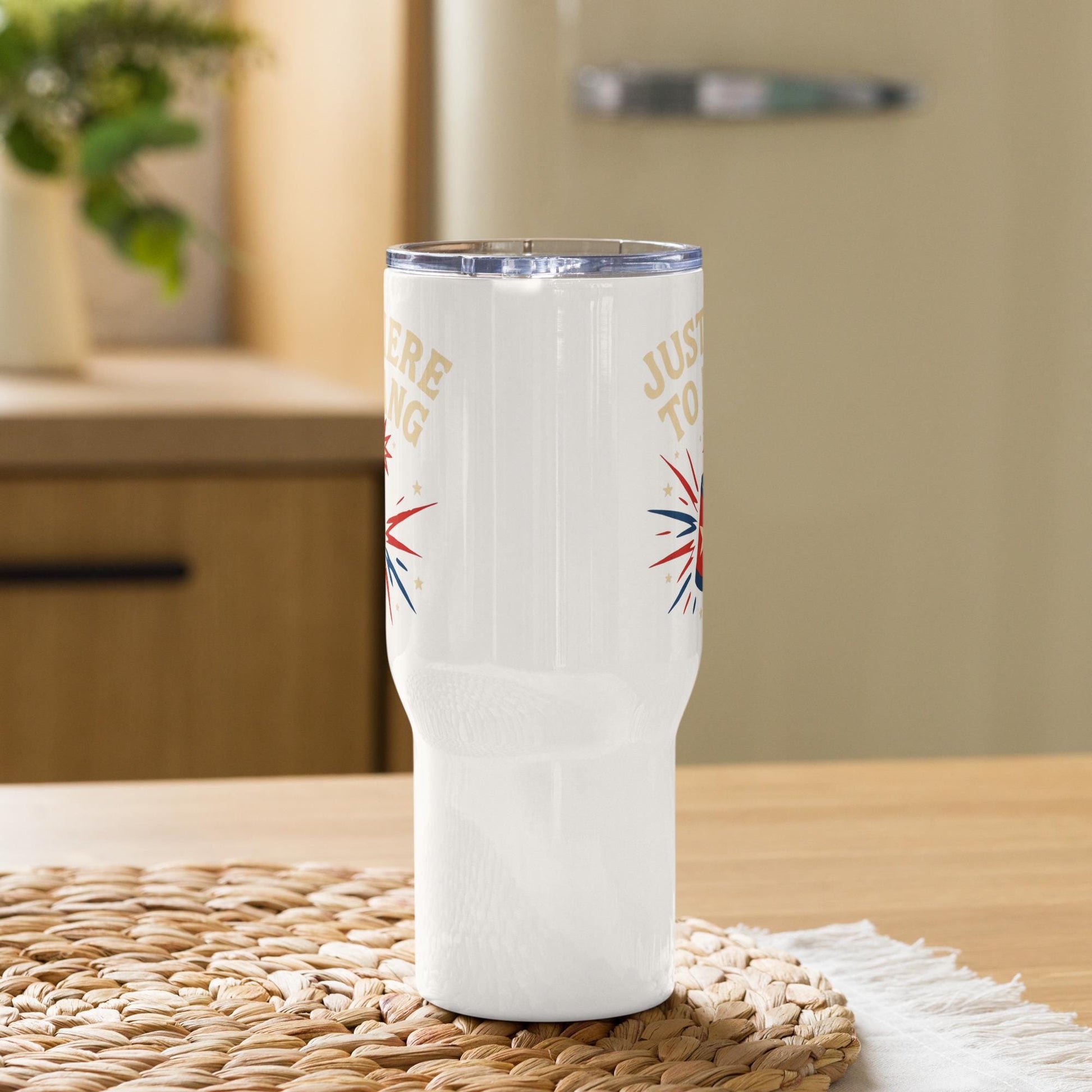 just here to bang july 4th bbq gear Travel mug with a handle