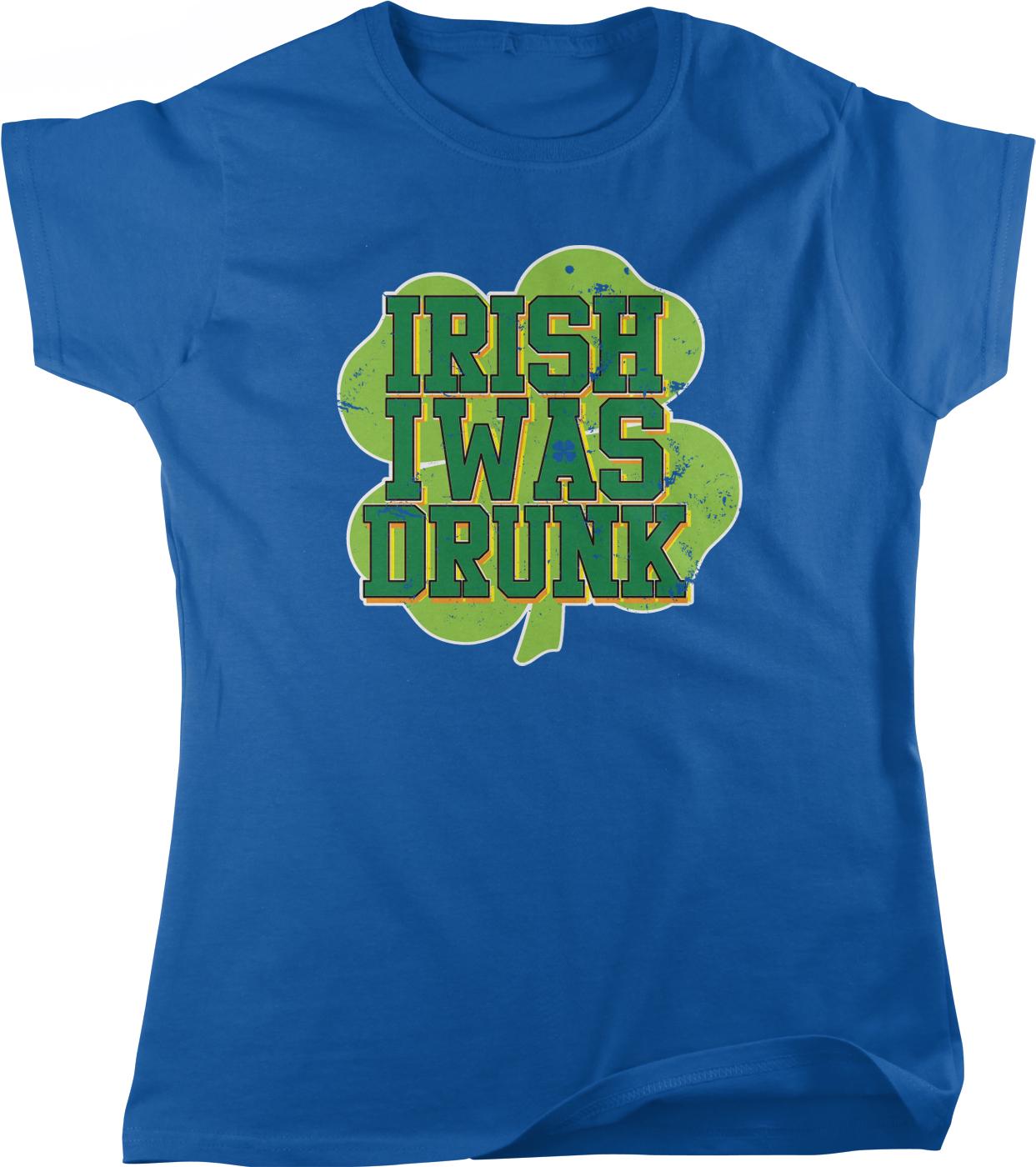 A blue t-shirt with a graphic design featuring the text "IRISH WAS DRINK" in a stylized font, with a shamrock symbol in the center.