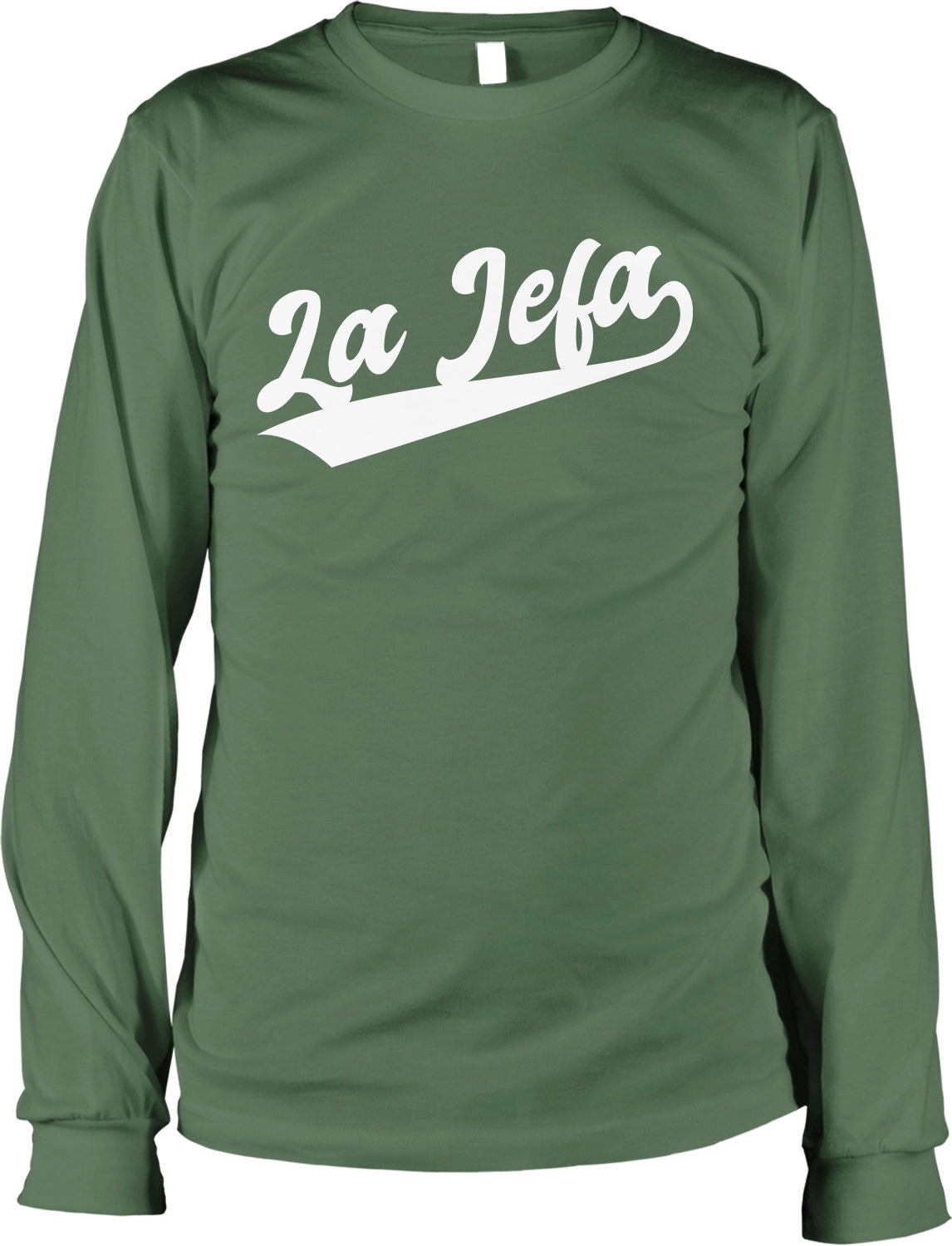 A green long-sleeved t-shirt with the text "La Jefa" printed on it in white.