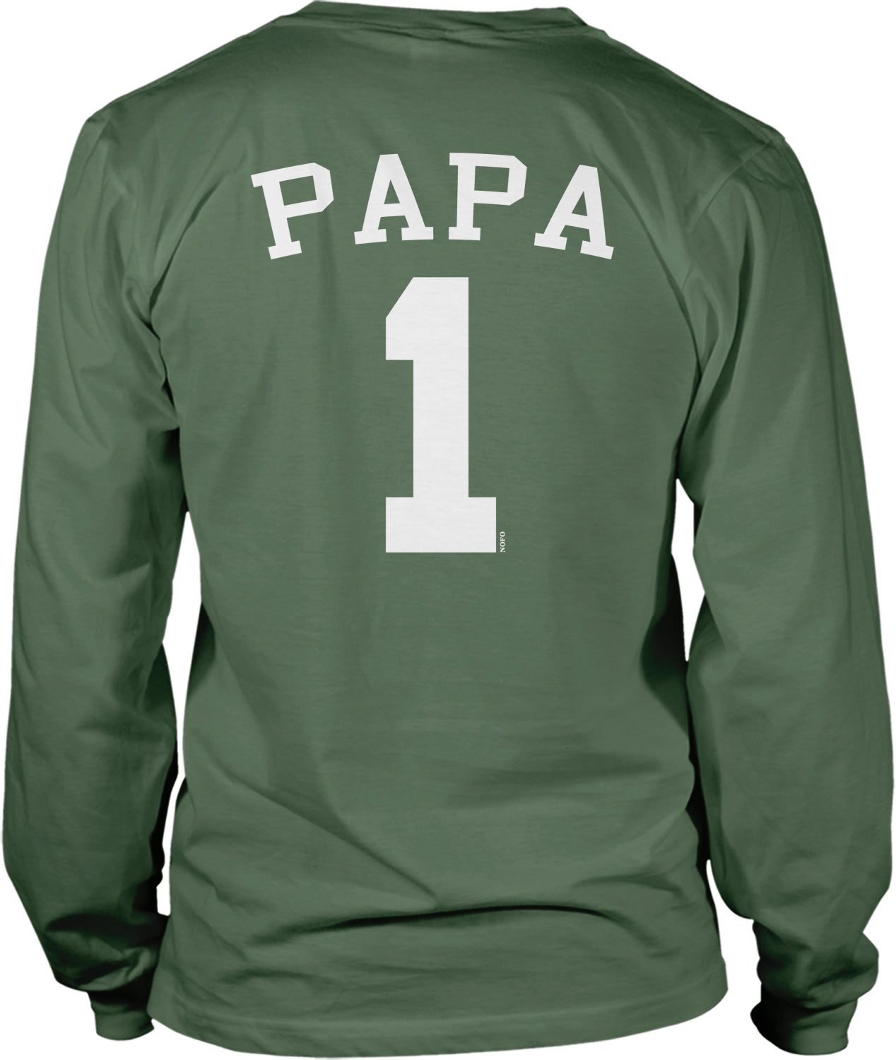 A green long-sleeved t-shirt with the text "PAPA 1" printed on the back.