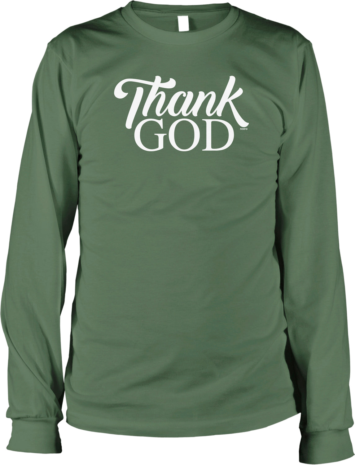 A green long-sleeved t-shirt with the text "Thank GOD" printed on it in white lettering.