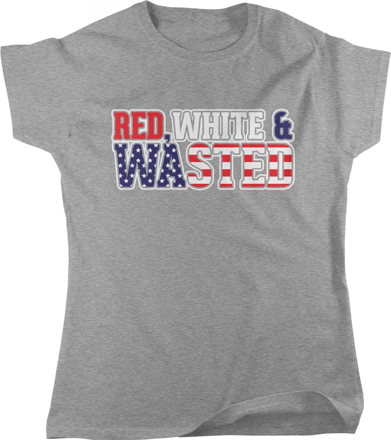 A gray t-shirt with the text "RED WHITE & WASTEED" printed on it in a patriotic design with an American flag pattern.