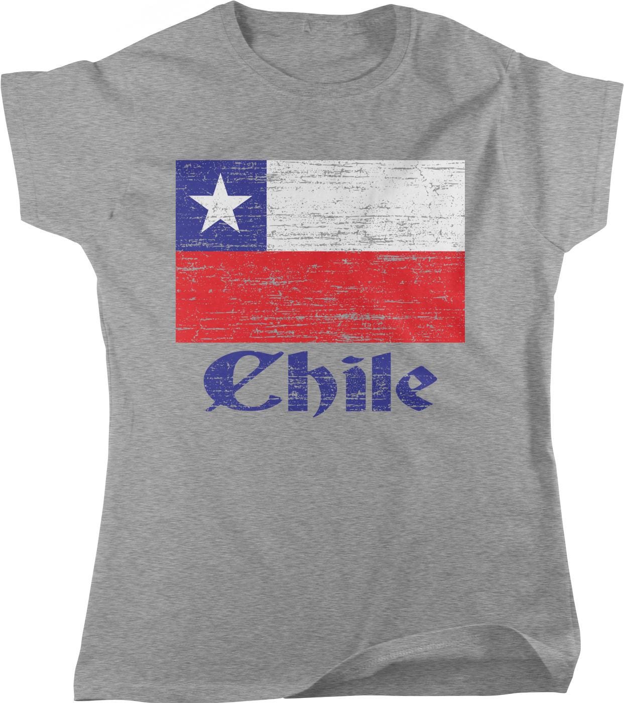 A gray t-shirt with a graphic design featuring the flag of Chile and the word "E Chile" printed on it.