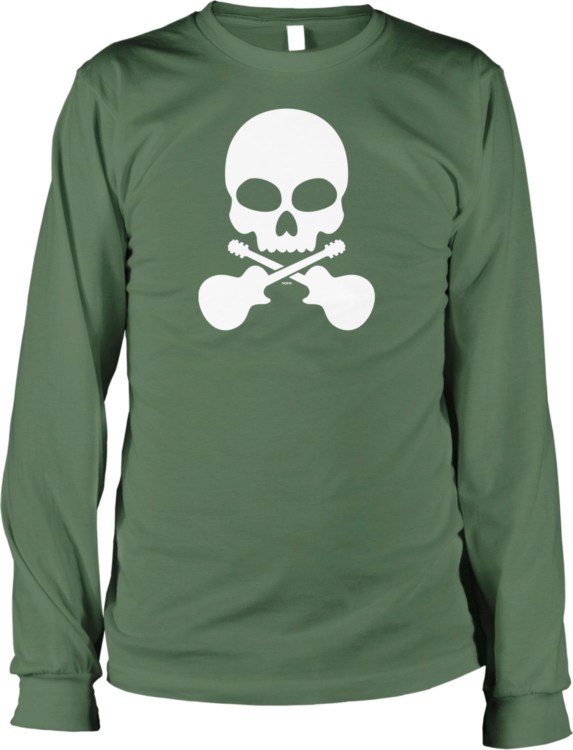 A green long-sleeved shirt with a white skull and crossbones graphic printed on it.