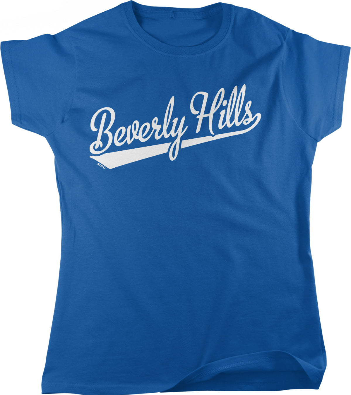 A blue t-shirt with the text "Beverly Hills" printed on it in white lettering.