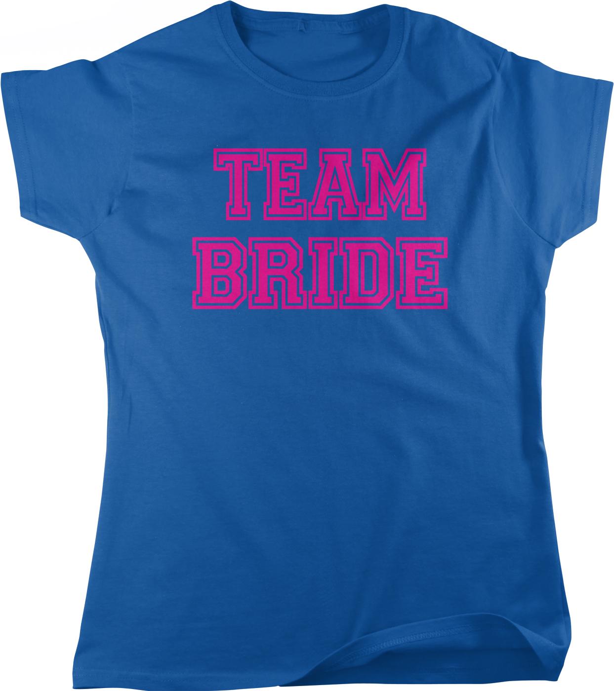 A blue t-shirt with the text "TEAM BRIDE" printed in pink letters.