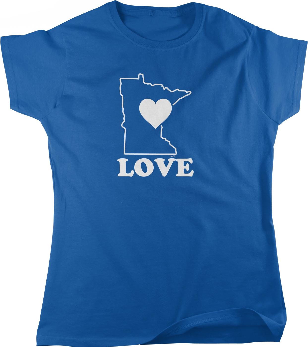 A blue t-shirt with a white graphic design that includes a heart shape and the word "LOVE" written below it.