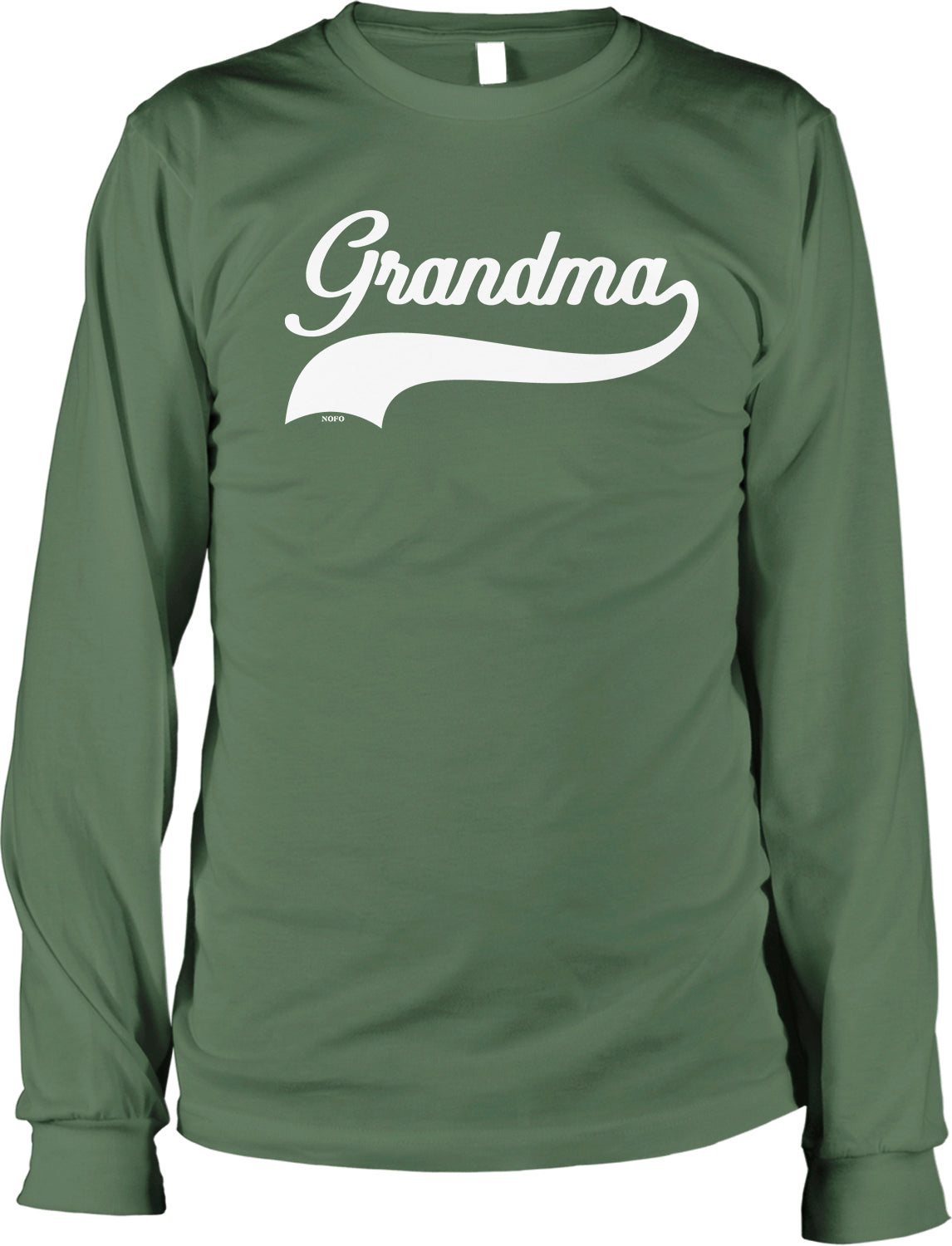 A long-sleeved green t-shirt with the text "Grandma" printed on it in white.
