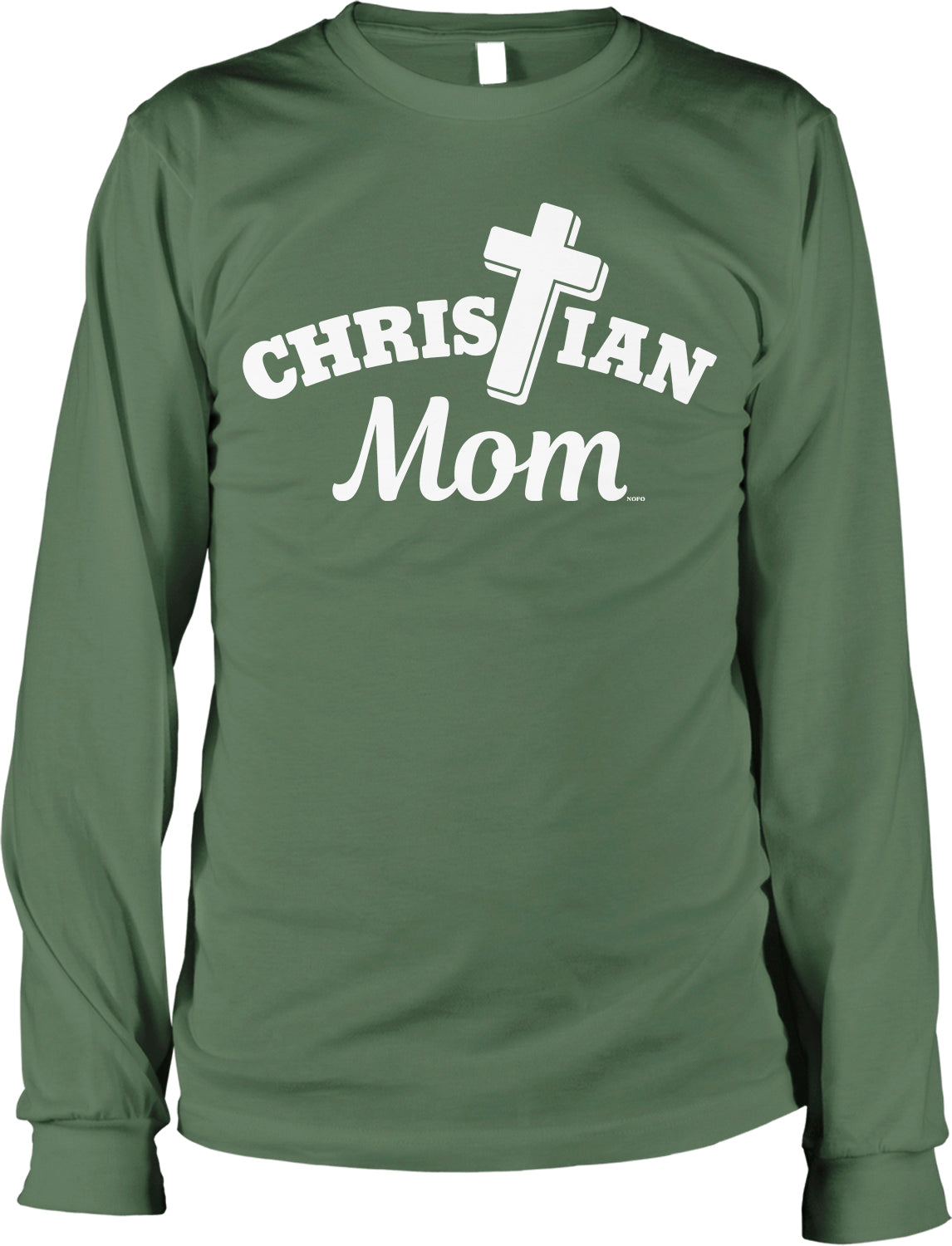 A green long-sleeved shirt with white text that says "CHRISTIAN MOM".