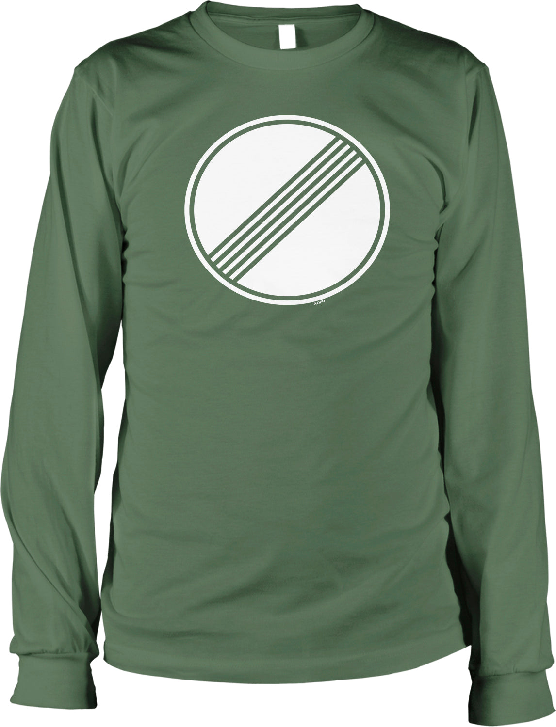 A long-sleeved green t-shirt with a white circular logo on the front.