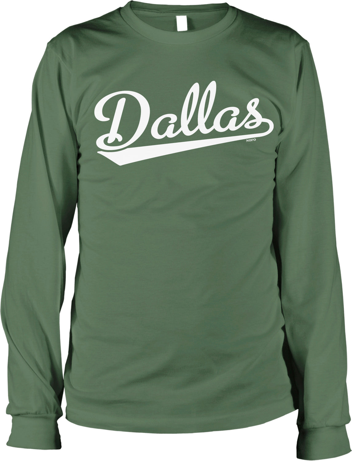 A green long-sleeved shirt with the word "Dallas" printed in white text across the front.