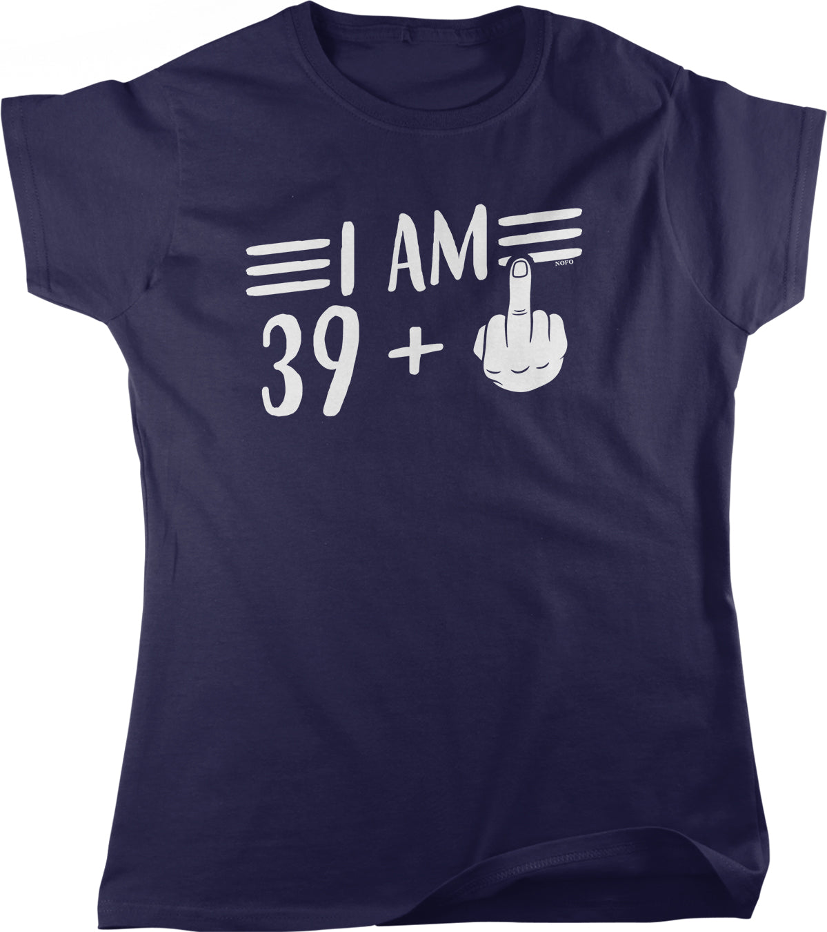 A dark blue t-shirt with the text "I AM 39 +" printed on it.