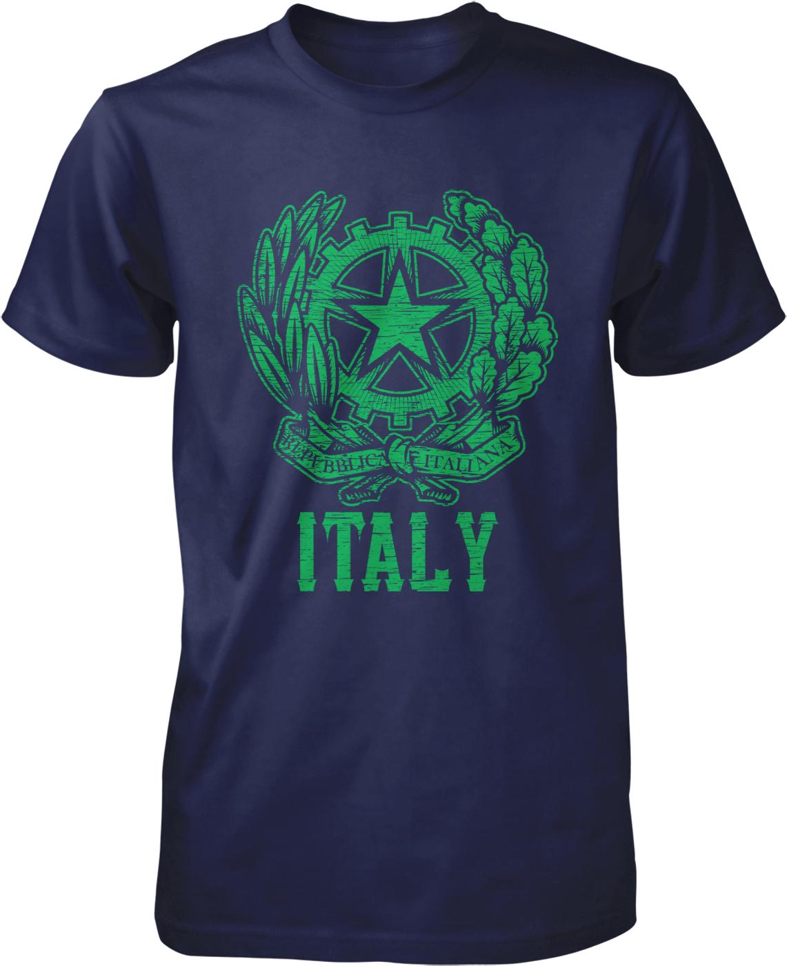 A navy blue t-shirt with a graphic design featuring a green star and laurel wreath, along with the text "ITALY" prominently displayed.