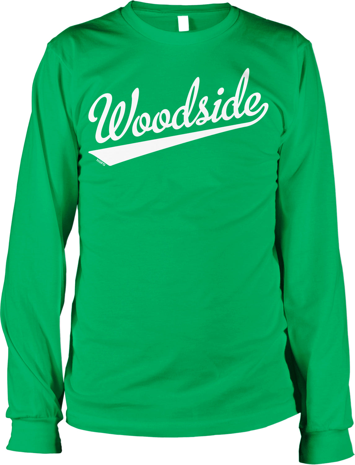 A bright green long-sleeved shirt with the word "Woodside" printed in white text across the front.
