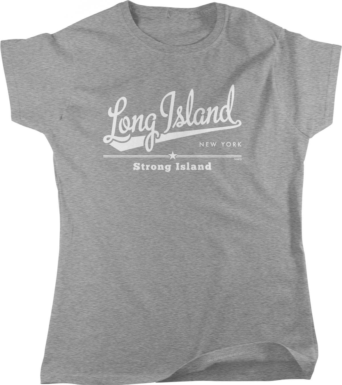 A gray t-shirt with the text "Long Island New York Strong Island" printed on it.