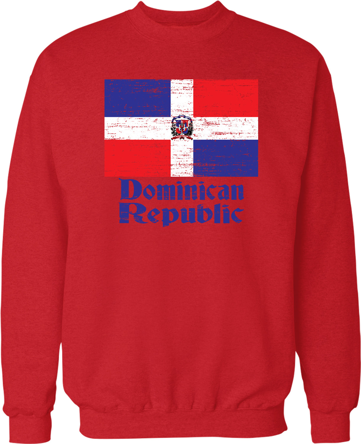 A red sweatshirt with the flag of the Dominican Republic and the text " Dominican Republic" printed on it.