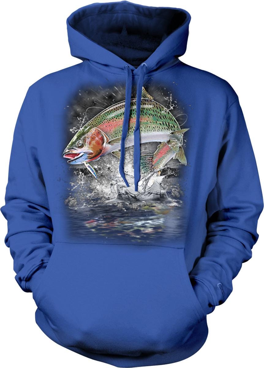 A blue hoodie with a graphic of a fish jumping out of the water.