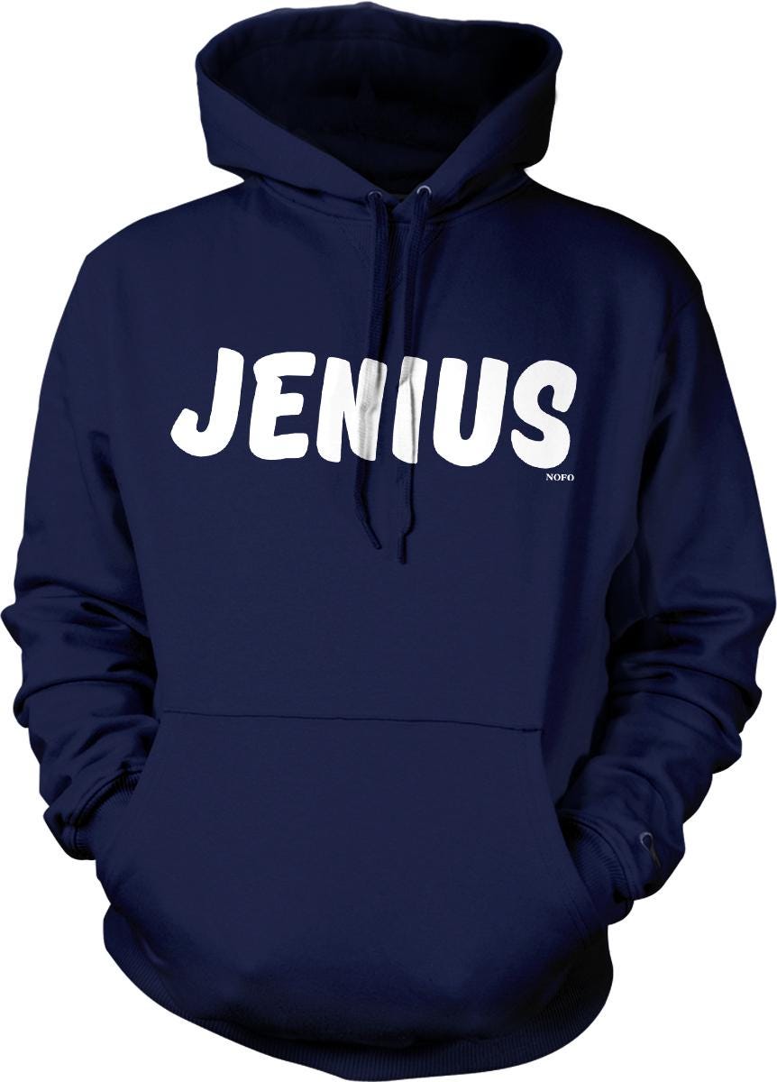 A navy blue hoodie with the word "JENUS" printed in white letters across the front.