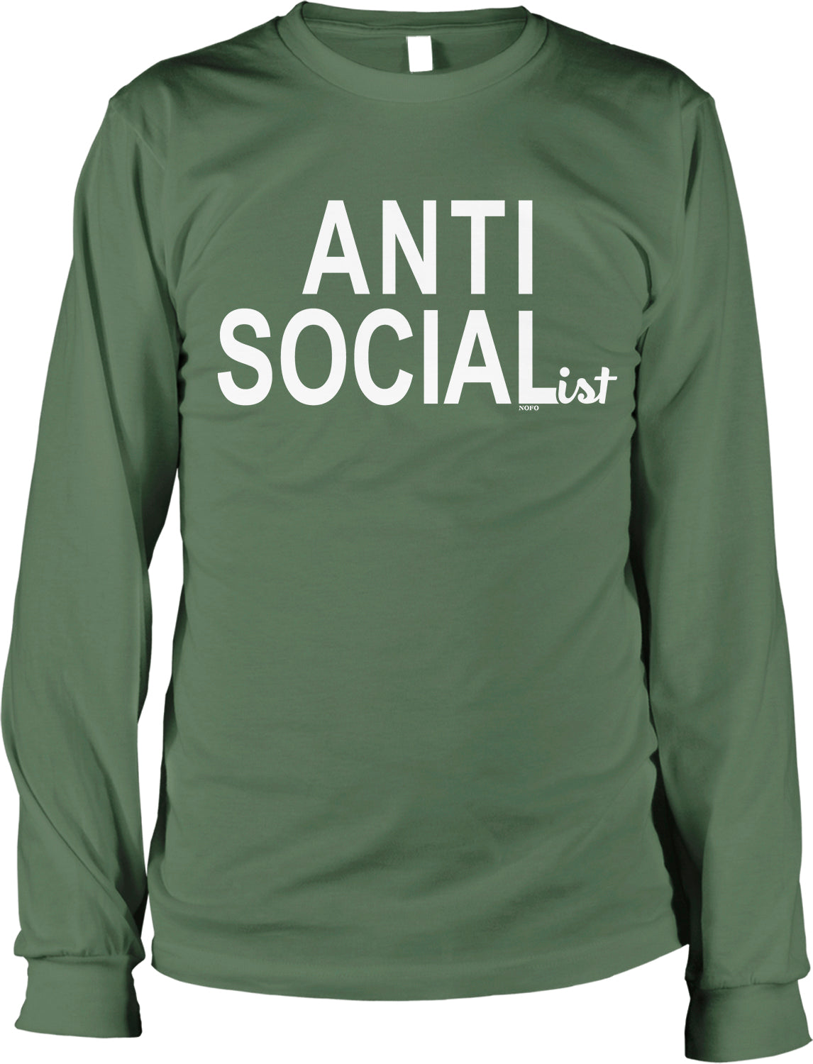 A green long-sleeved t-shirt with the text "ANTI SOCIALIST" printed on it in white letters.