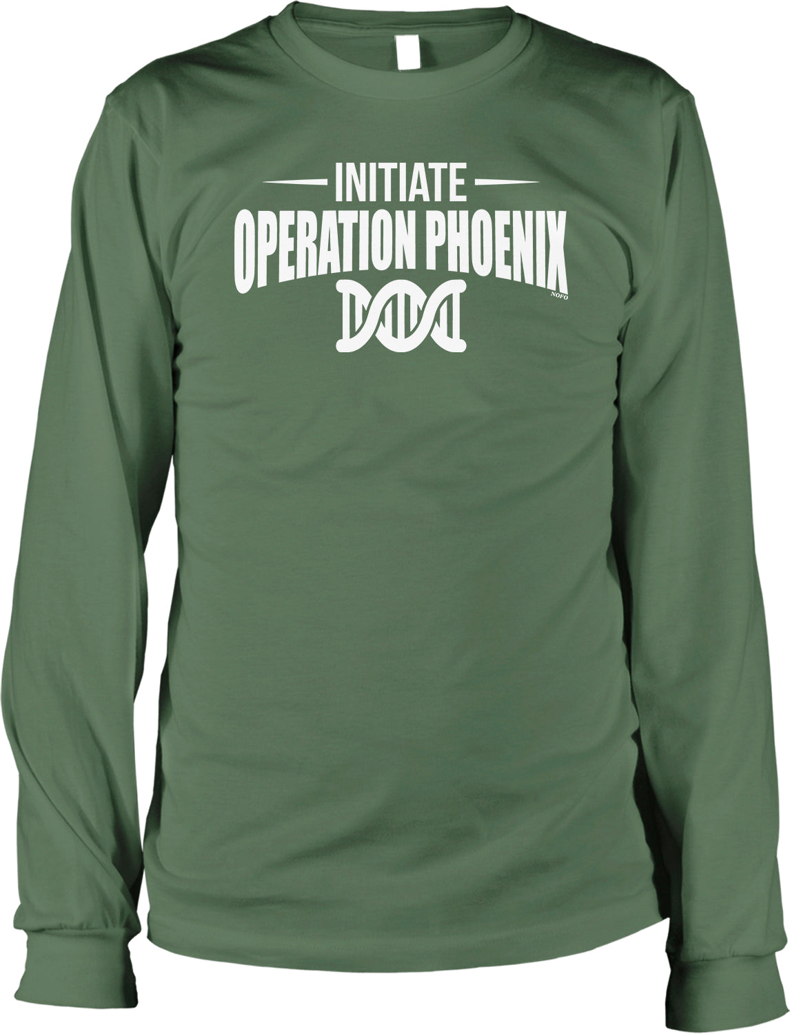 A long-sleeved green t-shirt with the text "INITIATE OPERATION PHOENIX" printed on it.